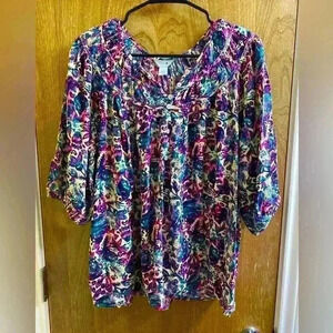 Intro Multicolored Floral Bright Blouse with Half Button Feature Size Large